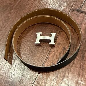 Hermes Reversible Black and Gold Belt with Silver H Buckle